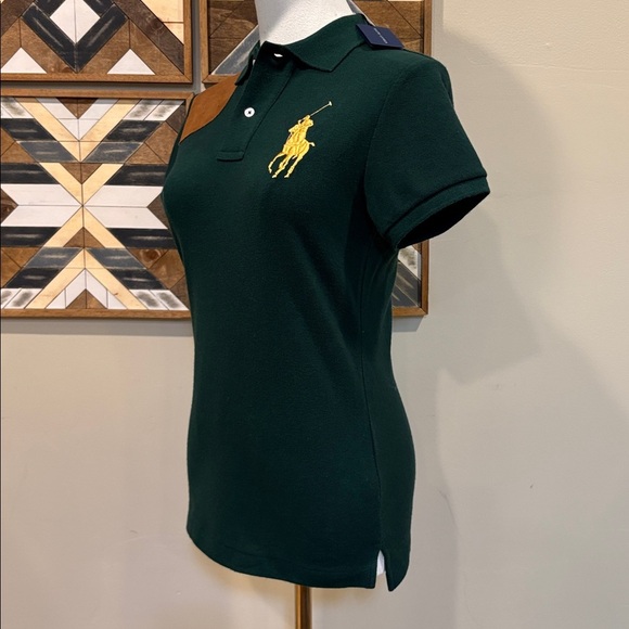 Vintage Ralph Lauren Suede Patch Big Pony Logo Polo Top Dark Green Small NWT - Picture 3 of 10